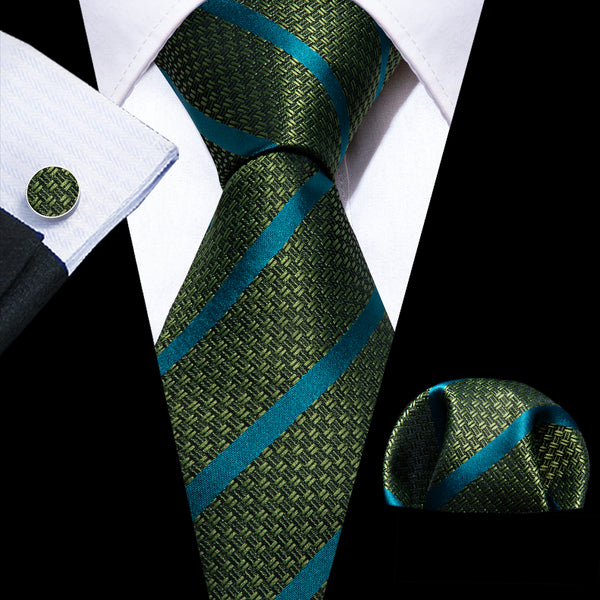 Luxury Green Striped Men's Necktie Hanky Cufflinks Set
