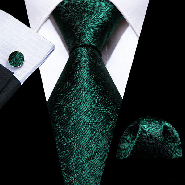 Dark Green Novelty Men's Necktie Hanky Cufflinks Set