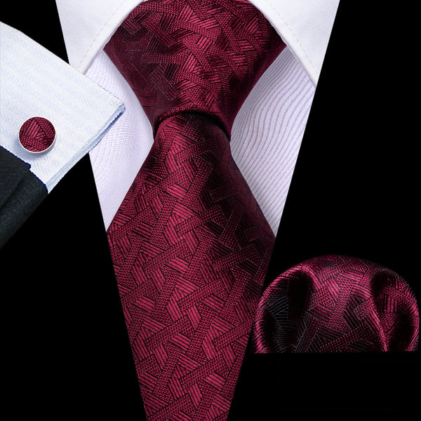 Burgundy Red Novelty Men's Necktie Hanky Cufflinks Set