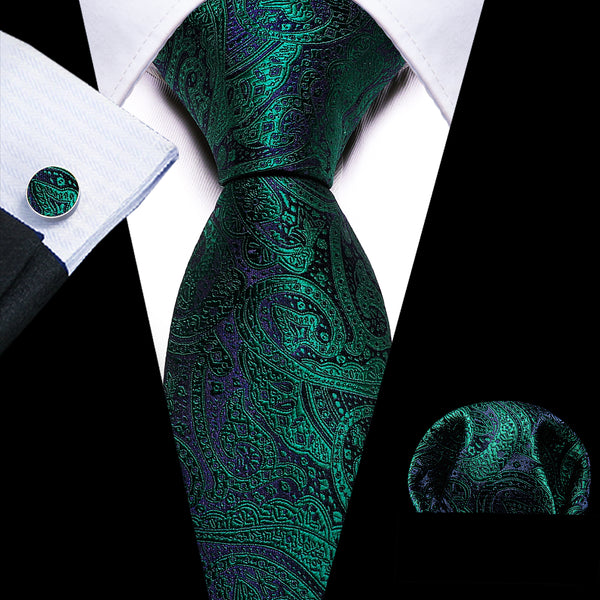 Dark Blue Green Paisley Men's Necktie Hanky Cufflinks Set