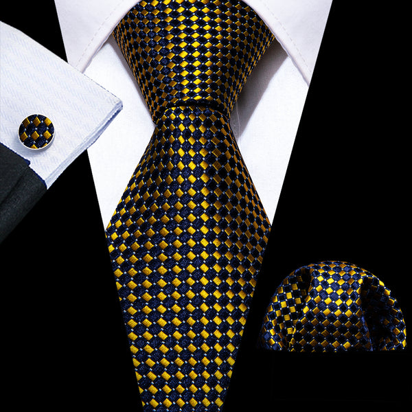 Luxury Dark Blue Golden Plaid Men's Necktie Hanky Cufflinks Set