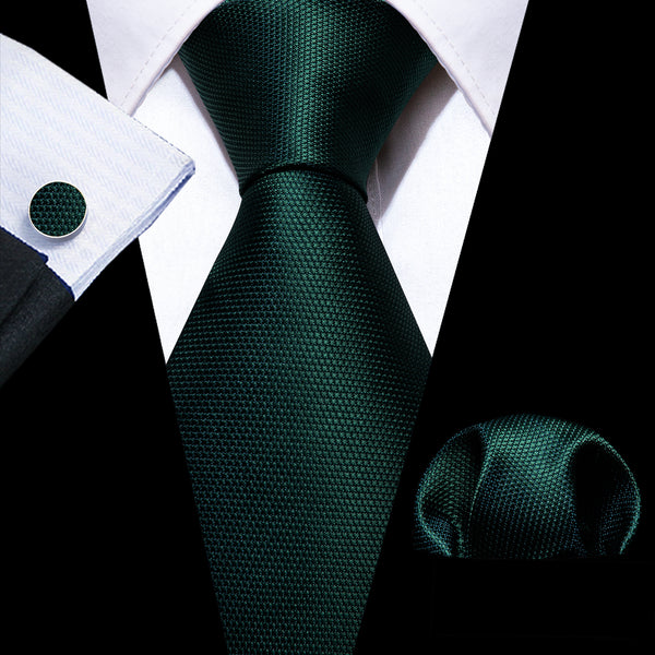 Dark Green Solid Men's Necktie Hanky Cufflinks Set