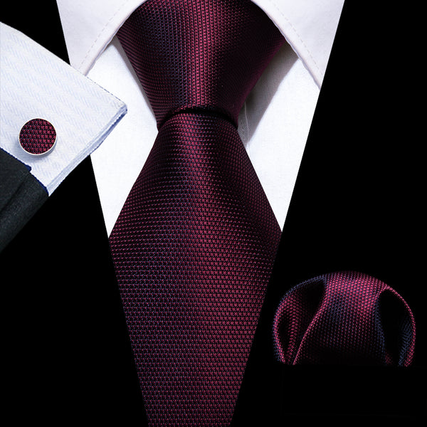 Burgundy Red Solid Men's Necktie Hanky Cufflinks Set