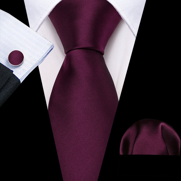 Burgundy Red Solid Silk Men's Necktie Hanky Cufflinks Set