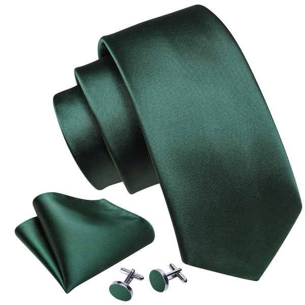 Dark Green Solid Silk Men's Necktie Hanky Cufflinks Set