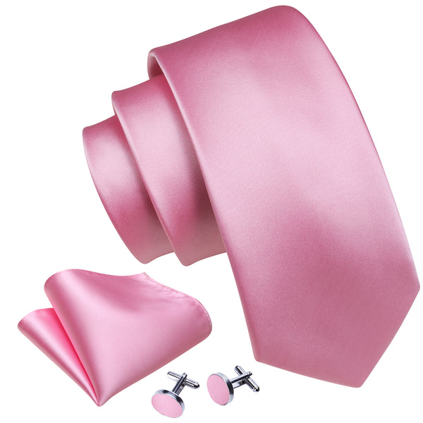Pink Solid Silk Men's Necktie Hanky Cufflinks Set