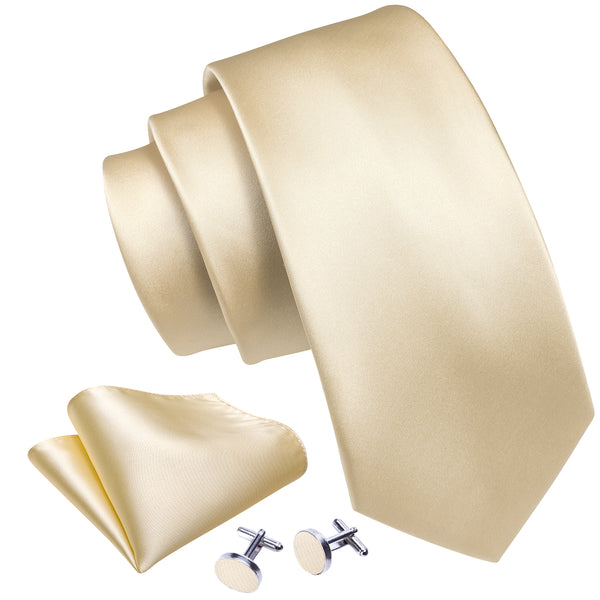 Light Yellow Solid Silk Men's Necktie Hanky Cufflinks Set