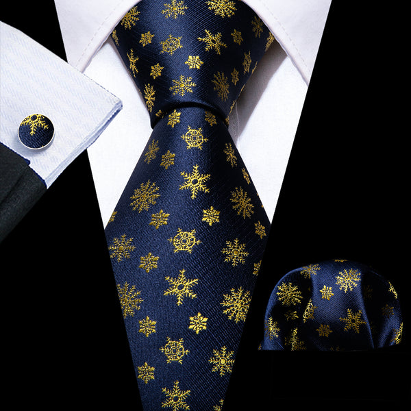 Christmas Luxury Blue Golden Snowflake Novelty Silk Men's Necktie Hanky Cufflinks Set