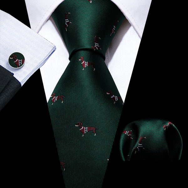 Dark Green Dog Pattern Novelty Silk Men's Necktie Hanky Cufflinks Set