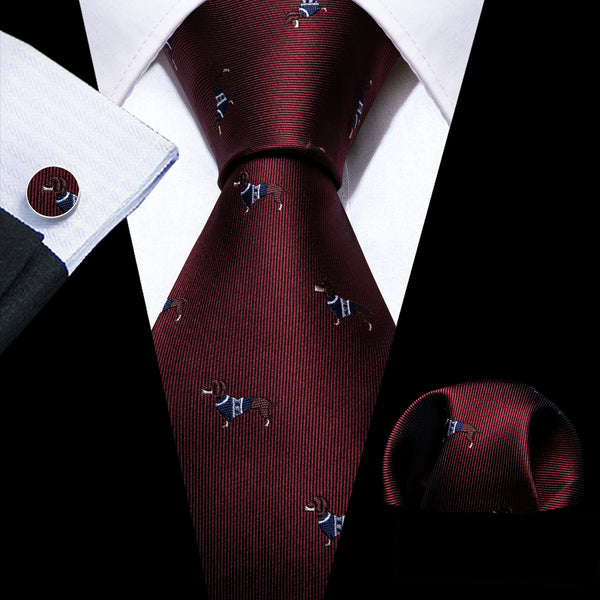 Burgundy Red Dog Pattern Novelty Silk Men's Necktie Hanky Cufflinks Set