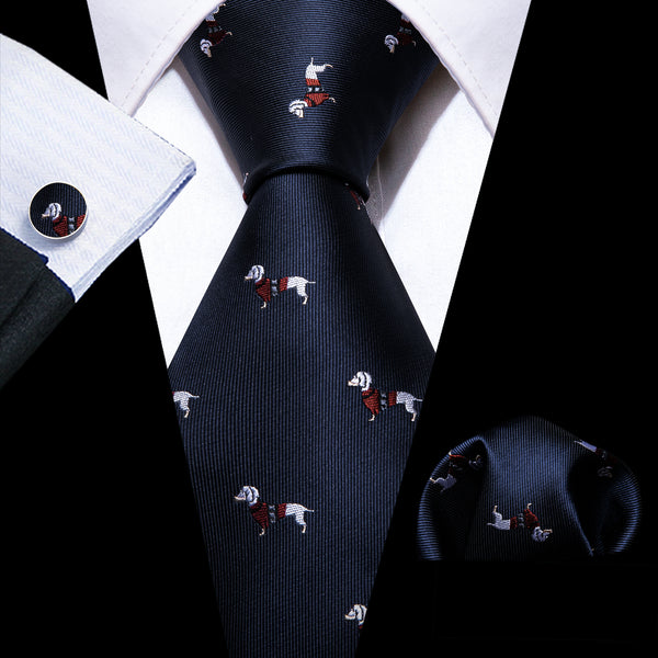 Dark Blue Dog Pattern Novelty Silk Men's Necktie Hanky Cufflinks Set