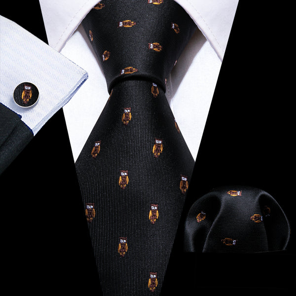 Black Owl Pattern Novelty Silk Men's Necktie Hanky Cufflinks Set
