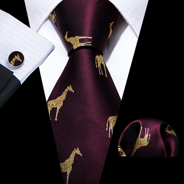 Burgundy Red Giraffe Pattern Novelty Silk Men's Necktie Hanky Cufflinks Set