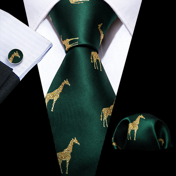 Dark Green Giraffe Pattern Novelty Silk Men's Necktie Hanky Cufflinks Set