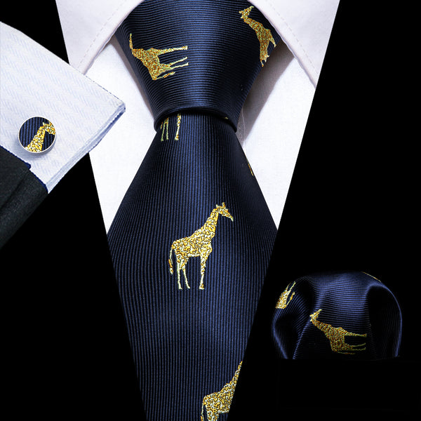 Dark Blue Giraffe Pattern Novelty Silk Men's Necktie Hanky Cufflinks Set