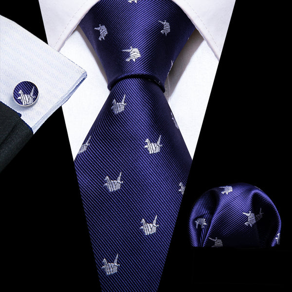 Royal Blue Paper Cranes Pattern Novelty Silk Men's Necktie Hanky Cufflinks Set