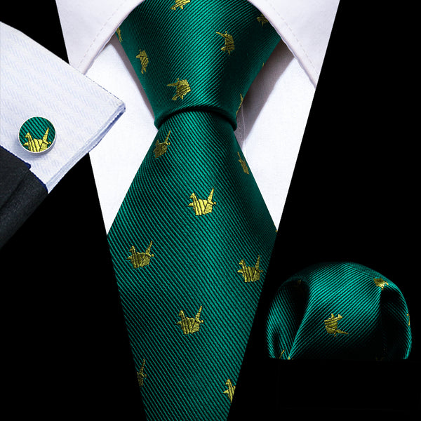 Green Paper Cranes Pattern Novelty Silk Men's Necktie Hanky Cufflinks Set