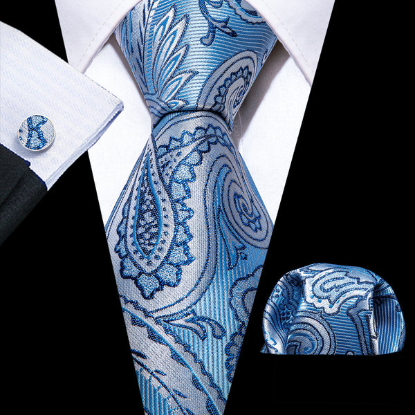 Silver Blue Paisley Silk Men's Necktie Hanky Cufflinks Set