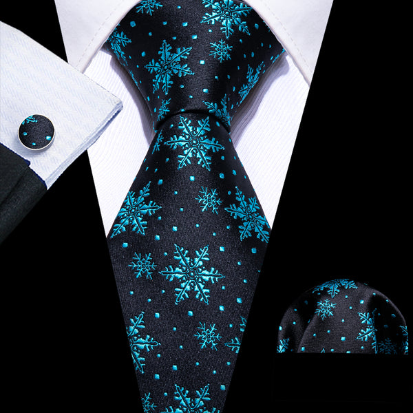 Christmas Black Lake Blue Snowflake Pattern Novelty Mens Necktie Hanky Cufflinks Set