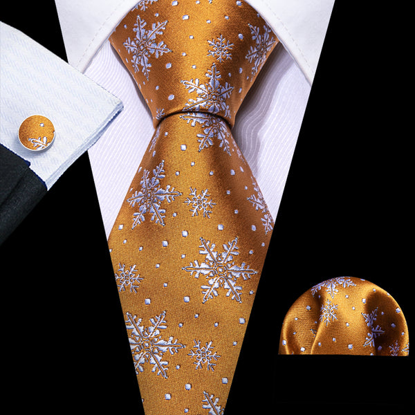 Christmas Golden Snowflake Pattern Novelty Mens Necktie Hanky Cufflinks Set