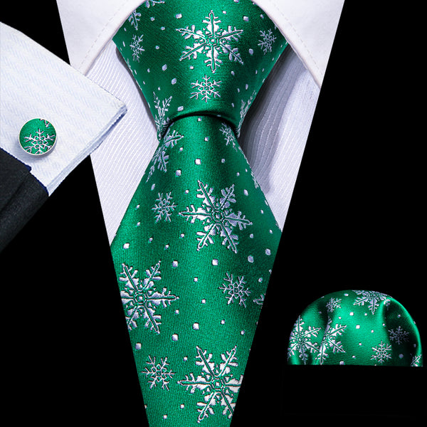 Christmas Light Green Snowflake Pattern Novelty Mens Necktie Hanky Cufflinks Set