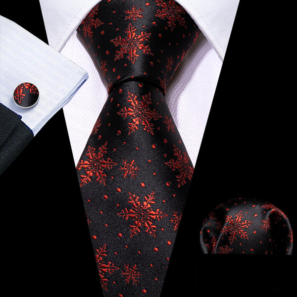 Christmas Black Red Snowflake Pattern Novelty Mens Necktie Hanky Cufflinks Set