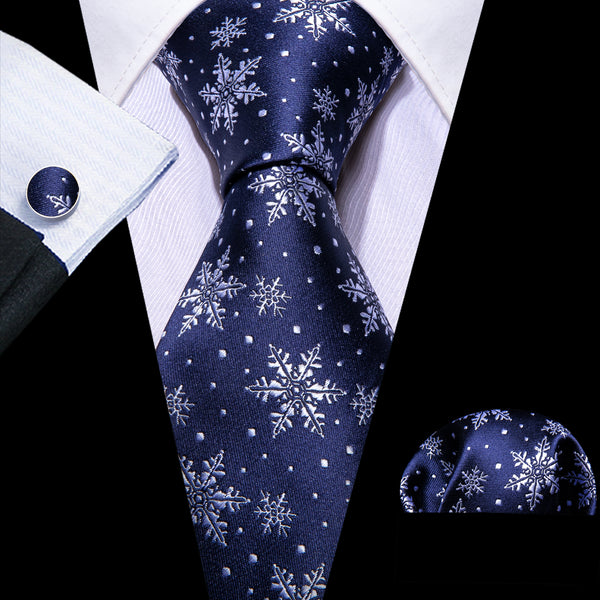 Christmas Royal Blue Snowflake Pattern Novelty Mens Necktie Hanky Cufflinks Set