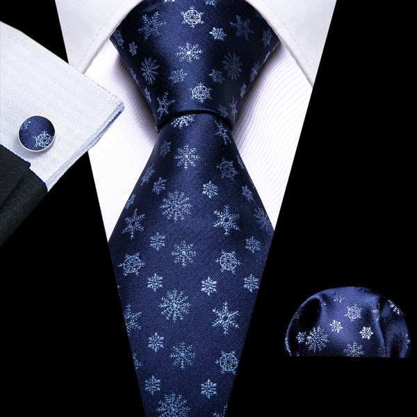 Christmas Dark Blue Snowflake Pattern Novelty Mens Necktie Hanky Cufflinks Set