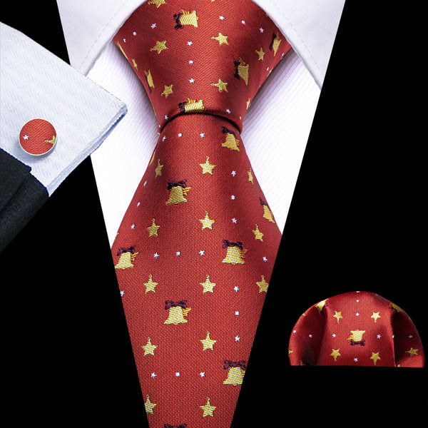 Christmas Red Star Jingle Bell Pattern Novelty Mens Necktie Hanky Cufflinks Set
