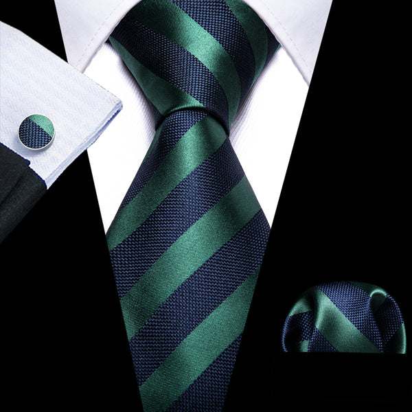 Blue Dark Green Striped Men's Tie Set Tie Pocket Square Cufflinks Set