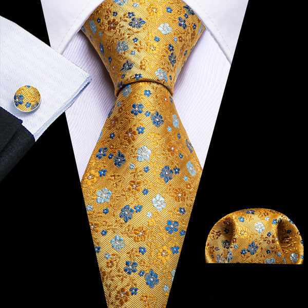 Golden Yellow Floral Men's Tie Set Tie Pocket Square Cufflinks Set