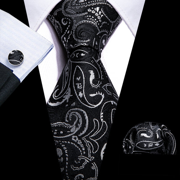 Black White Paisley Men's Tie Set Tie Pocket Square Cufflinks Set