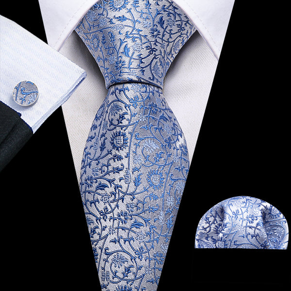 Light Blue Floral Men's Tie Set Tie Pocket Square Cufflinks Set