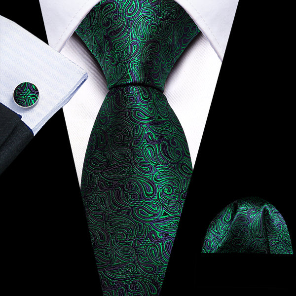 Dark Green Paisley Silk Men's Necktie Pocket Square Cufflinks Set