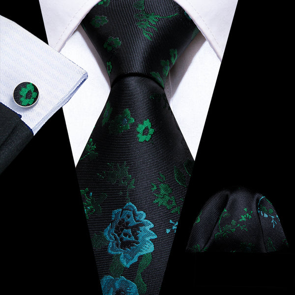 Black Green Blue Floral Silk Men's Necktie Pocket Square Cufflinks Set