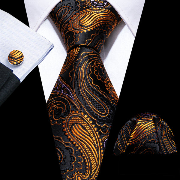 New Black Golden Paisley Silk Men's Necktie Pocket Square Cufflinks Set