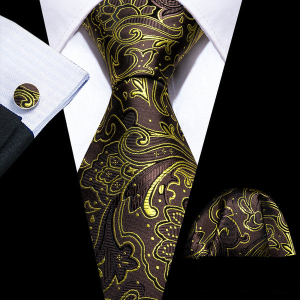 New Brown Golden Paisley Silk Men's Necktie Pocket Square Cufflinks Set