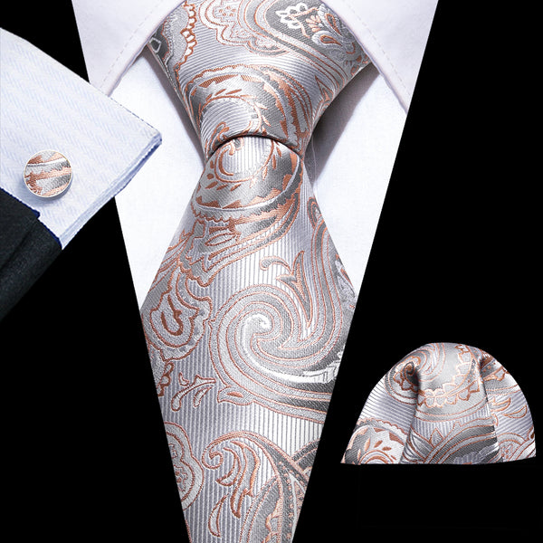 Silver Champagne Paisley Silk Men's Necktie Pocket Square Cufflinks Set