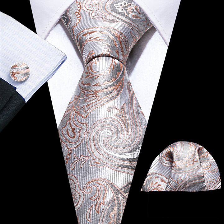 Silver Champagne Paisley Silk Tie Men's Necktie Set