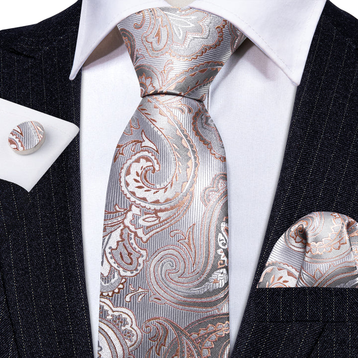Silver Champagne Paisley Silk Tie Men's Necktie Set