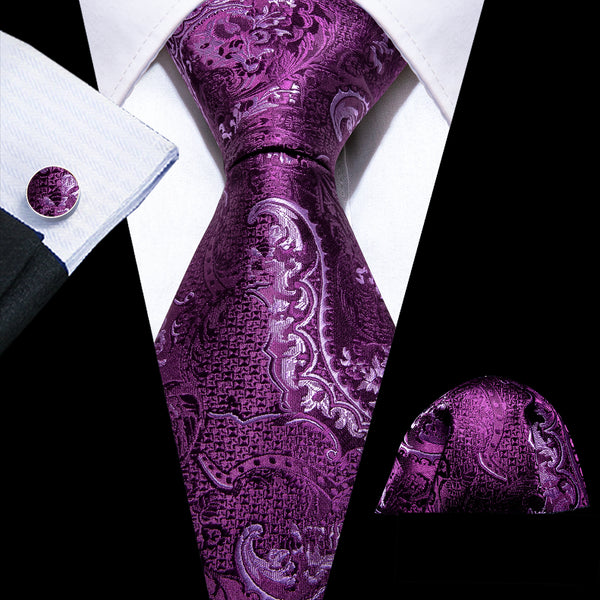 Dark Purple Paisley Silk Men's Necktie Pocket Square Cufflinks Set
