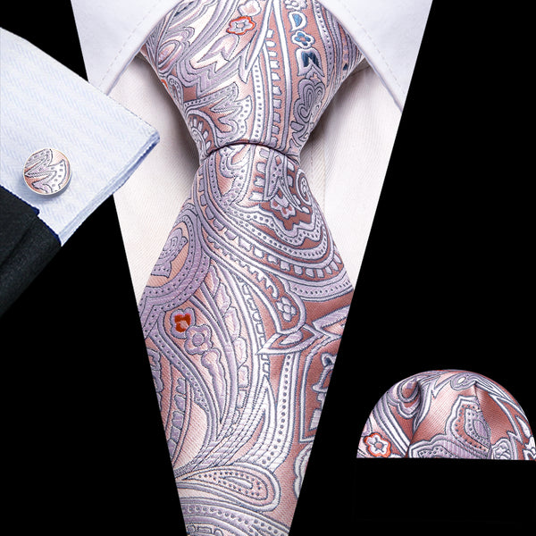 Silver Pink Paisley Men's Tie Set Tie Pocket Square Cufflinks Set