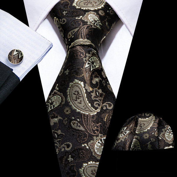 Dark Brown Paisley Silk Men's Necktie Pocket Square Cufflinks Set