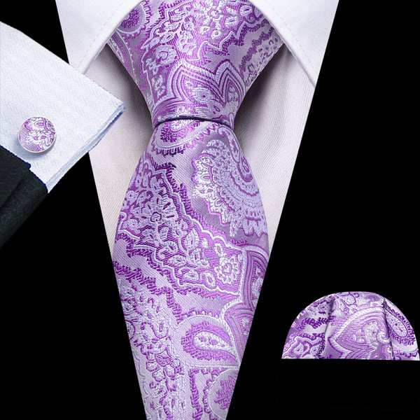Light Purple Paisley Men's Tie Set Tie Pocket Square Cufflinks Set