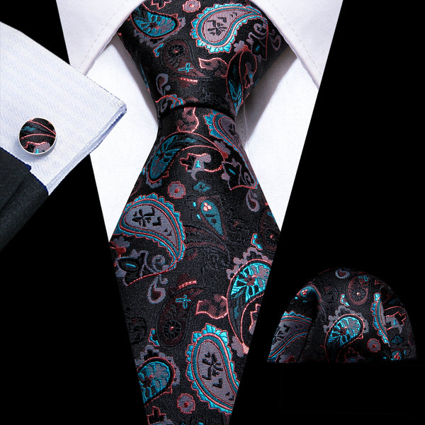 Black Pink Blue Paisley Silk Men's Necktie Pocket Square Cufflinks Set