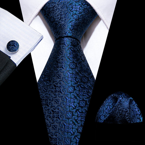 DarK Blue Novelty Silk Men's Necktie Pocket Square Cufflinks Set