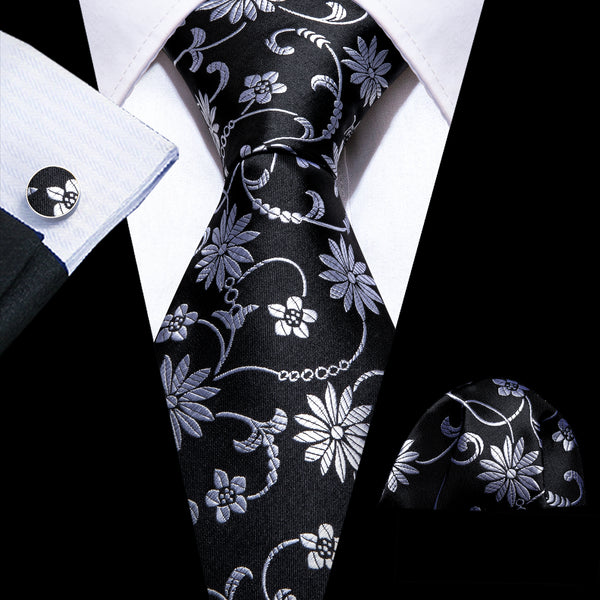 Black White Floral Silk Men's Necktie Pocket Square Cufflinks Set