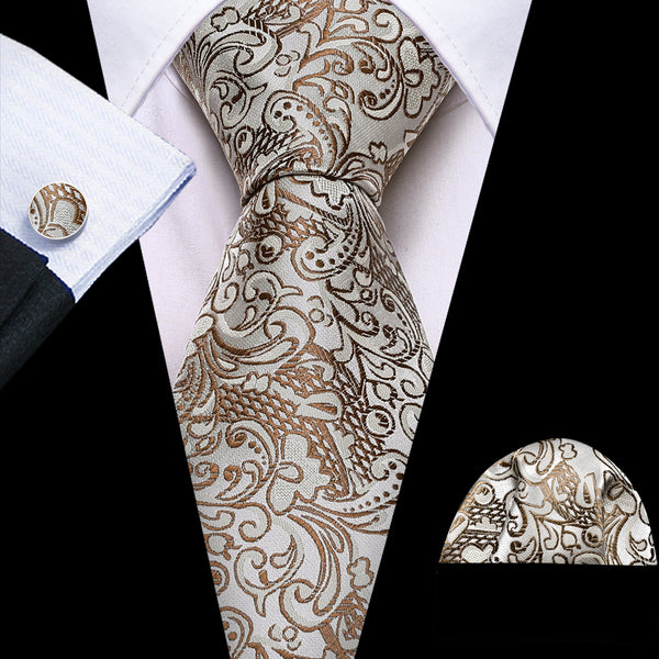 Champagne Brown Paisley Silk Men's Necktie Pocket Square Cufflinks Set