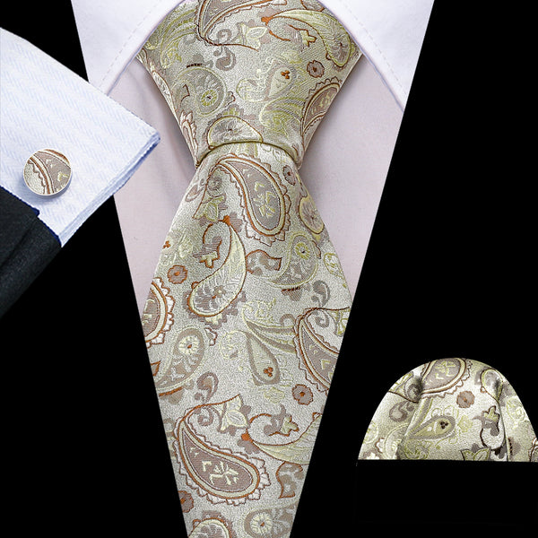 Beige Yellow Paisley Silk Men's Necktie Pocket Square Cufflinks Set