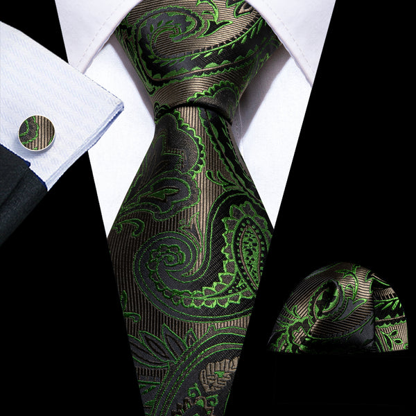 Brown Green Paisley Silk Men's Necktie Pocket Square Cufflinks Set